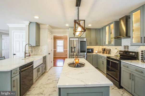 Interior, Kitchen, Marble, Pendant Lights, Recessed Lighting, Stainless Steel Appliances