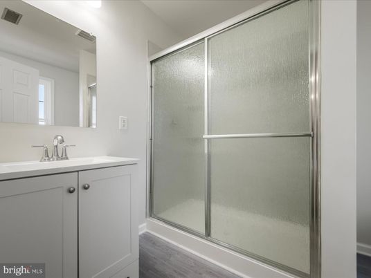 Bathroom, Glass Shower, Interior, Wood Texture Flooring