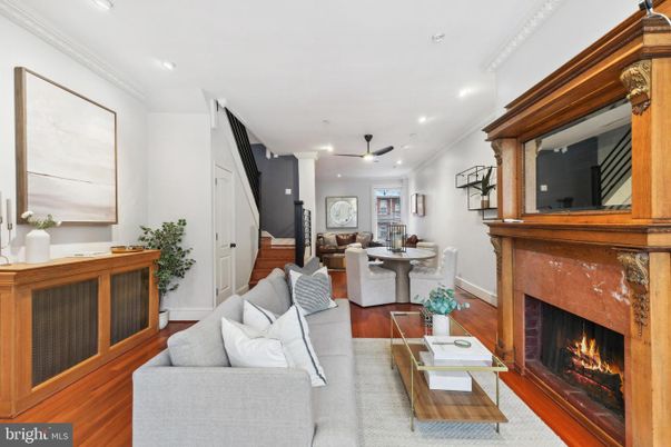 Dining room, Fireplace, Interior, Living room, Recessed Lighting, Wood Texture Flooring