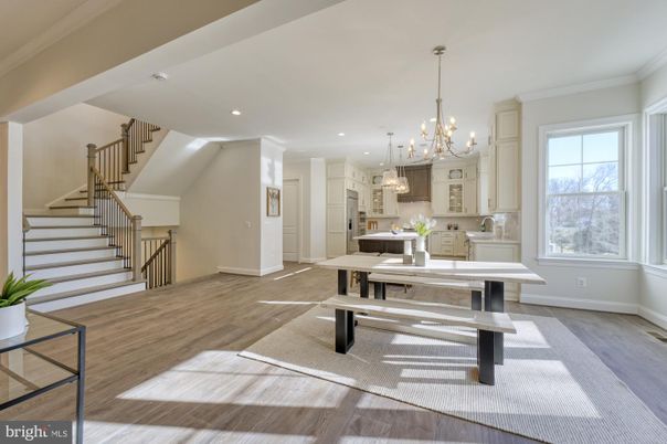 Chandelier, Dining room, Interior, Kitchen, Pendant Lights, Recessed Lighting, Wood Texture Flooring