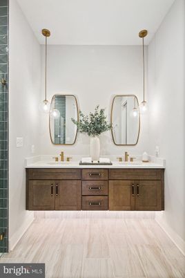 Bathroom, Dual Sink Vanities, Interior, Pendant Lights, Wood Texture Flooring
