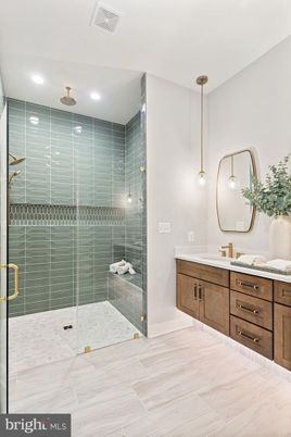 Bathroom, Dual Sink Vanities, Glass Shower, Interior, Pendant Lights, Recessed Lighting