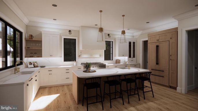 Interior, Kitchen, Marble Walls, Pendant Lights, Recessed Lighting, Wood Texture Flooring