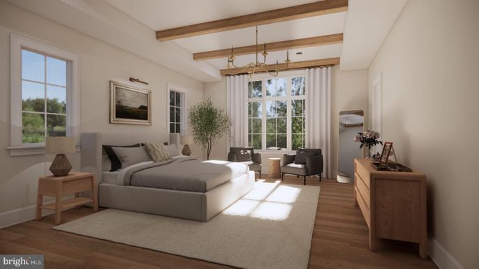 Bedroom, Interior, Pendant Lights, Wooden Beams, Wood Texture Flooring