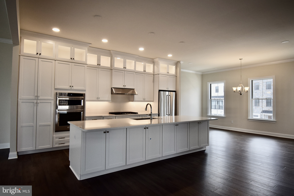 Chandelier, Interior, Kitchen, Recessed Lighting, Stainless Steel Appliances, Wood Texture Flooring