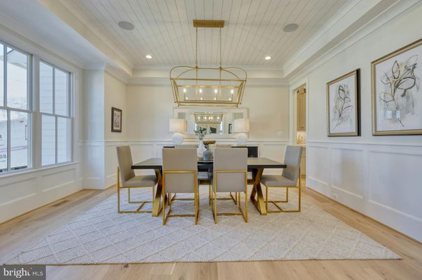 Dining room, Interior, Pendant Lights, Recessed Lighting, Wood Texture Flooring