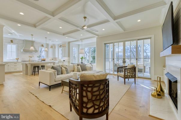 Fireplace, Interior, Kitchen, Living room, Pendant Lights, Recessed Lighting, Wood Texture Flooring