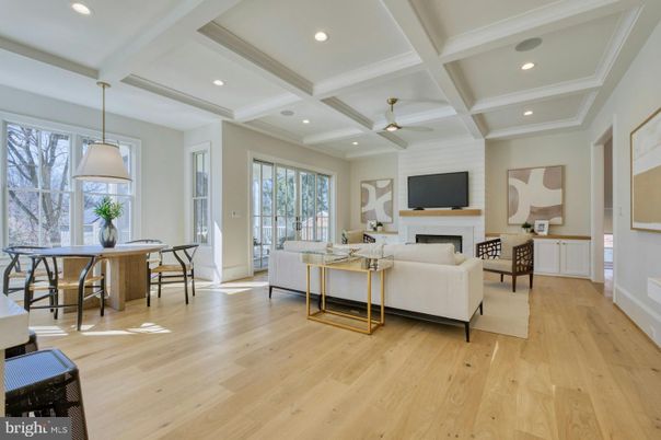 Dining room, Fireplace, Interior, Living room, Pendant Lights, Recessed Lighting, Wood Texture Flooring