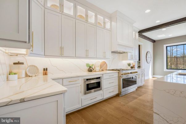Interior, Kitchen, Marble Walls, Recessed Lighting, Stainless Steel Appliances, Wooden Beams, Wood Texture Flooring
