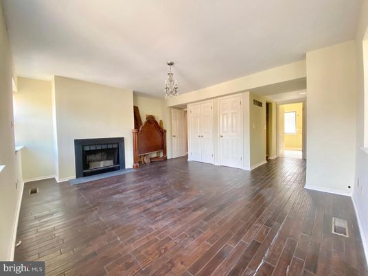 Chandelier, Empty room, Fireplace, Interior, Wood Texture Flooring