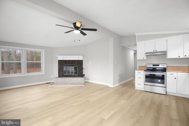 Empty room, Fireplace, Interior, Kitchen, Stainless Steel Appliances, Wood Texture Flooring