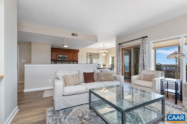 Chandelier, Dining room, Interior, Kitchen, Living room, Stainless Steel Appliances, Wood Texture Flooring