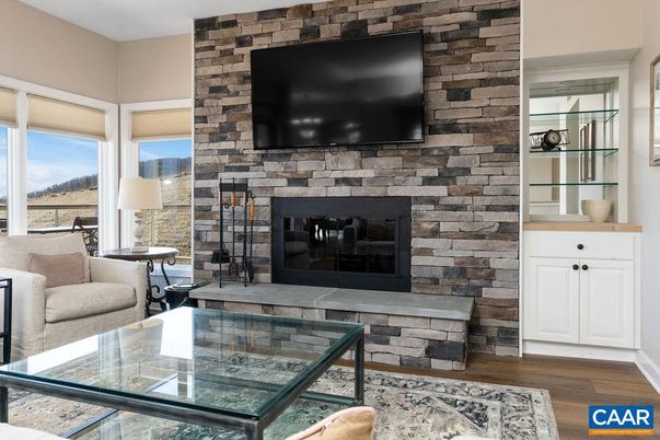 Fireplace, Interior, Living room, Stone Walls, Wood Texture Flooring
