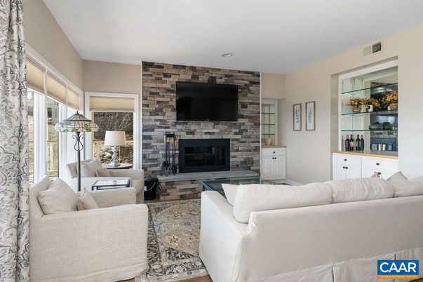 Fireplace, Interior, Living room, Recessed Lighting, Stone Walls