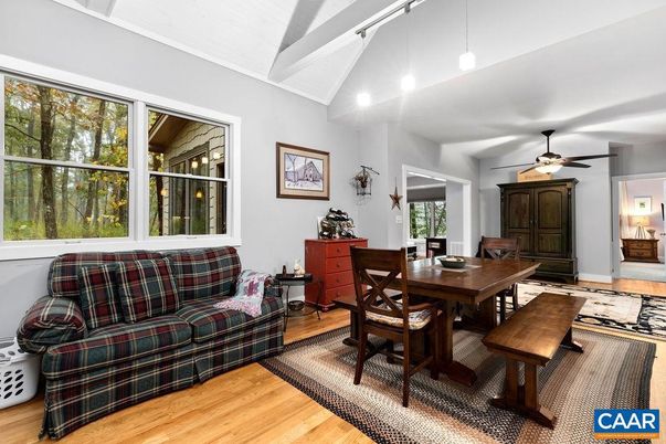 Dining room, Interior, Pendant Lights, Wood Texture Flooring