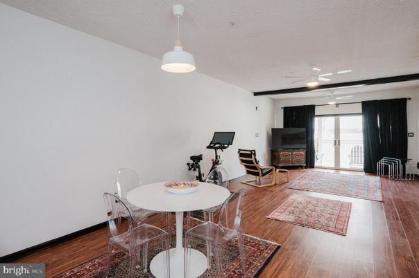 Dining room, Fitness Equipment, Interior, Pendant Lights, Wood Texture Flooring