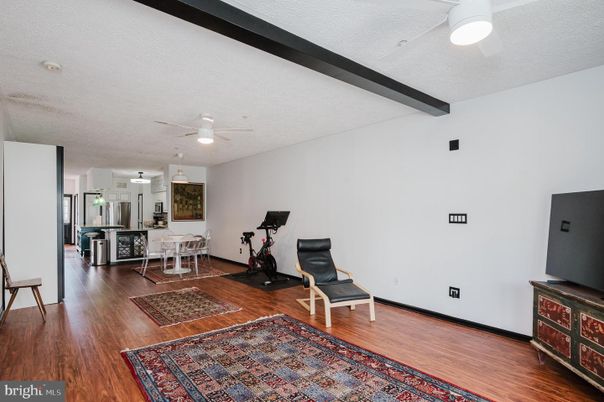 Dining room, Fitness Equipment, Interior, Kitchen, Wooden Beams, Wood Texture Flooring