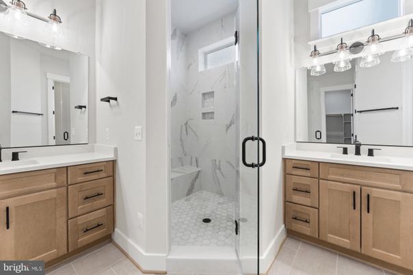 Bathroom, Dual Sink Vanities, Glass Shower, Interior, Marble Walls