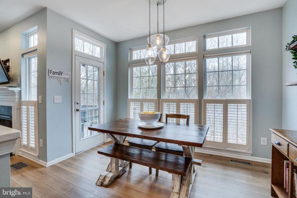 Dining room, Interior, Pendant Lights, Wood Texture Flooring