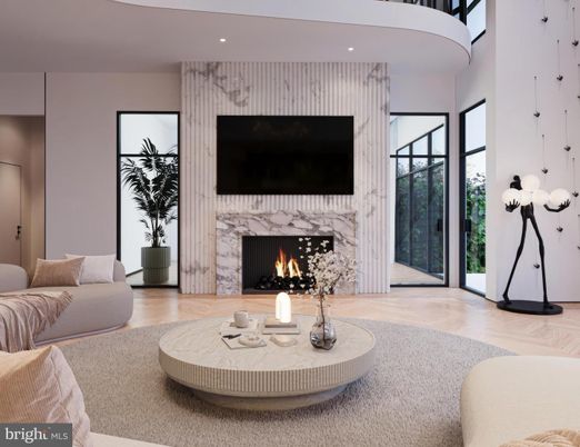 Fireplace, Interior, Living room, Pendant Lights, Recessed Lighting, Wood Texture Flooring
