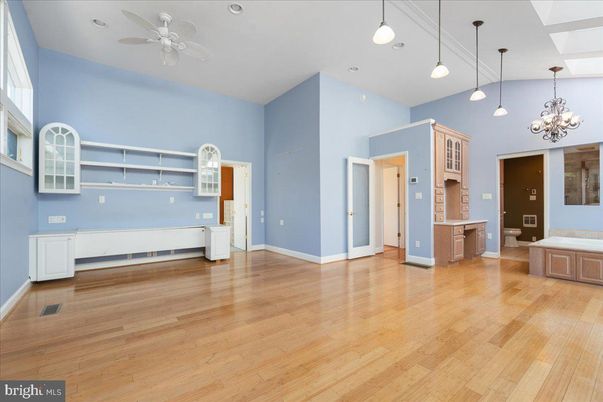 Empty room, Interior, Kitchen, Pendant Lights, Recessed Lighting, Wood Texture Flooring
