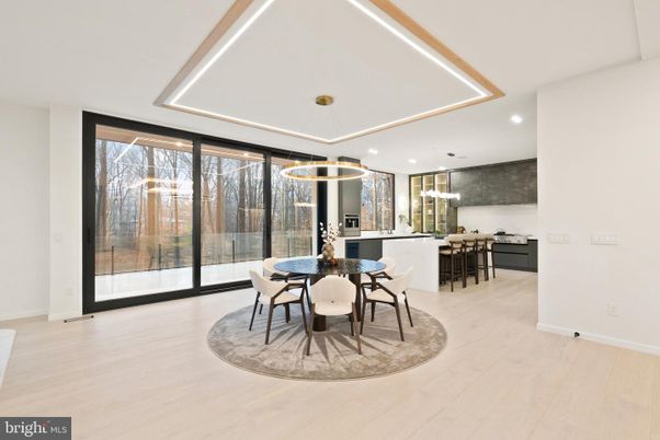 Dining room, Interior, Kitchen, Pendant Lights, Recessed Lighting, Wood Texture Flooring
