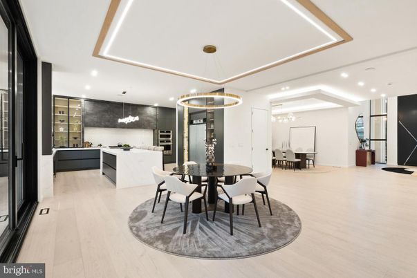 Dining room, Interior, Living room, Pendant Lights, Recessed Lighting, Wood Texture Flooring