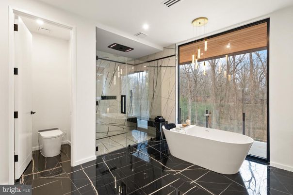 Bathroom, Free Standing Baths, Glass Shower, Interior, Marble, Marble Walls, Pendant Lights, Recessed Lighting