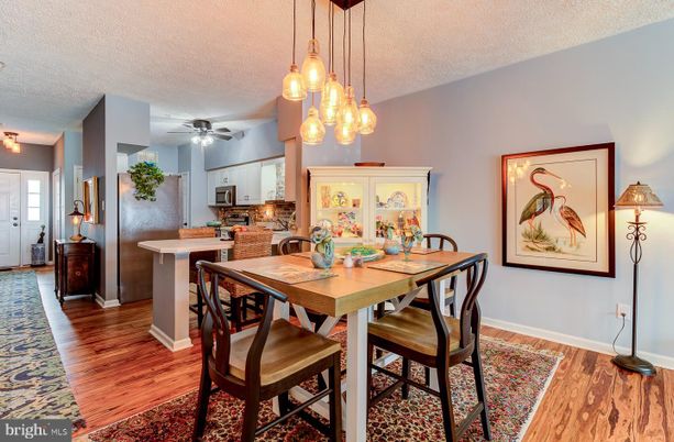 Dining room, Interior, Kitchen, Pendant Lights, Wood Texture Flooring
