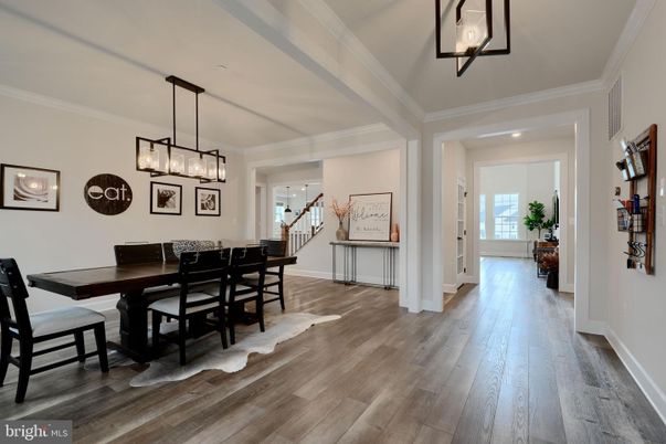 Dining room, Interior, Pendant Lights, Wood Texture Flooring