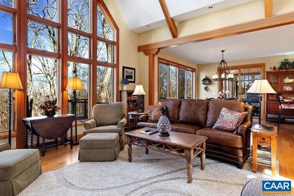 Chandelier, Dining room, Interior, Living room, Pendant Lights, Recessed Lighting, Wooden Beams, Wood Texture Flooring