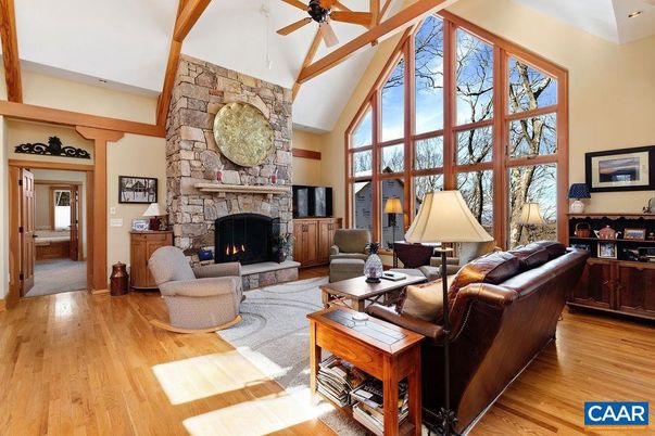 Fireplace, Interior, Living room, Stone Walls, Wooden Beams, Wood Texture Flooring