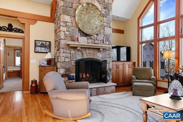 Fireplace, Interior, Living room, Stone Walls, Wood Texture Flooring