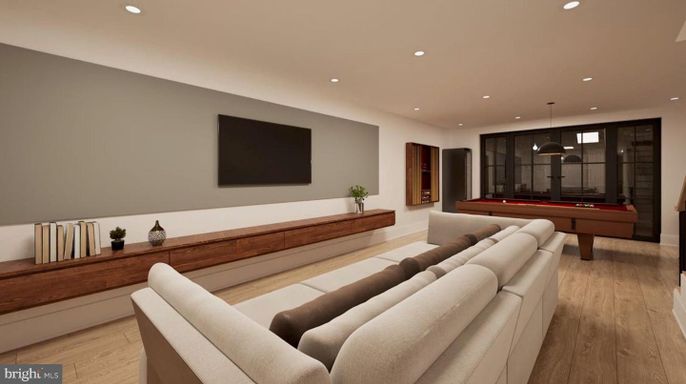 Billiard Table, Game Room, Interior, Living room, Pendant Lights, Recessed Lighting, Wood Texture Flooring
