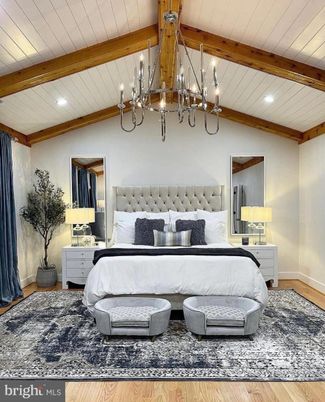Bedroom, Chandelier, Interior, Recessed Lighting, Wooden Beams, Wood Texture Flooring
