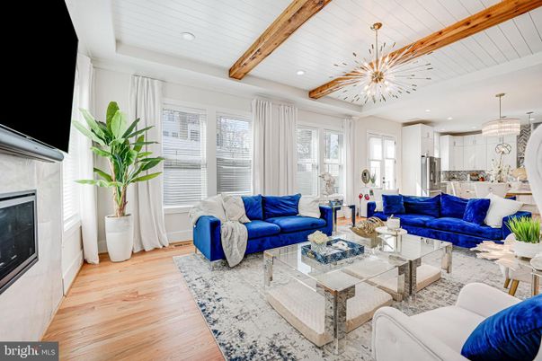 Fireplace, Interior, Kitchen, Living room, Pendant Lights, Recessed Lighting, Stainless Steel Appliances, Wooden Beams, Wood Texture Flooring