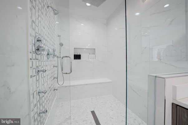 Bathroom, Glass Shower, Interior, Marble Walls, Recessed Lighting