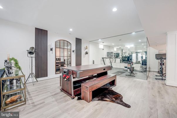 Billiard Table, Fitness Equipment, Game Room, Interior, Recessed Lighting, Wood Texture Flooring