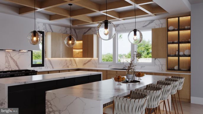 Interior, Kitchen, Marble Walls, Pendant Lights