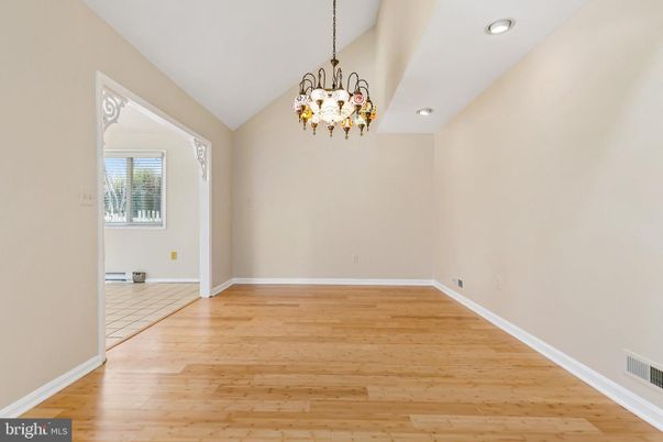 Chandelier, Empty room, Interior, Pendant Lights, Recessed Lighting, Wood Texture Flooring