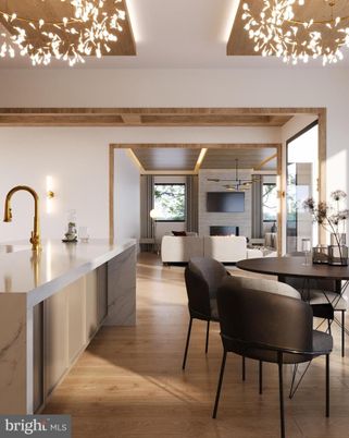 Dining room, Fireplace, Interior, Living room, Pendant Lights, Stone Walls, Wood Texture Flooring
