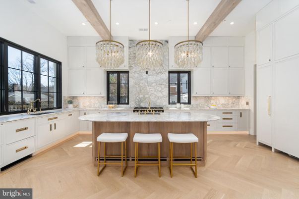 Chandelier, Interior, Kitchen, Pendant Lights, Recessed Lighting, Wooden Beams, Wood Texture Flooring