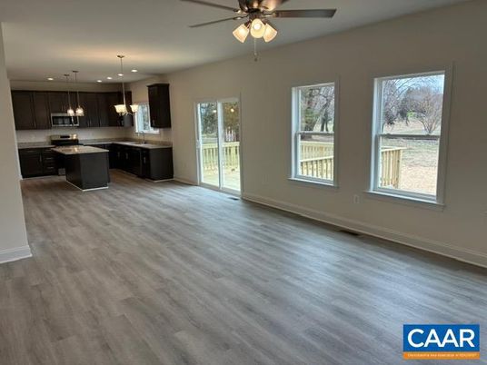 Empty room, Interior, Kitchen, Pendant Lights, Recessed Lighting, Wood Texture Flooring