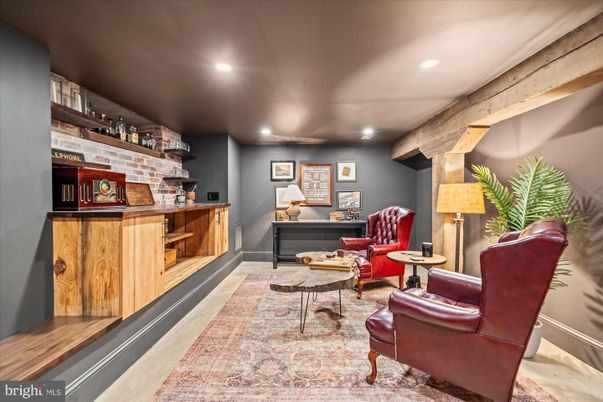 Interior, Living room, Recessed Lighting, Stone Walls, Wooden Beams