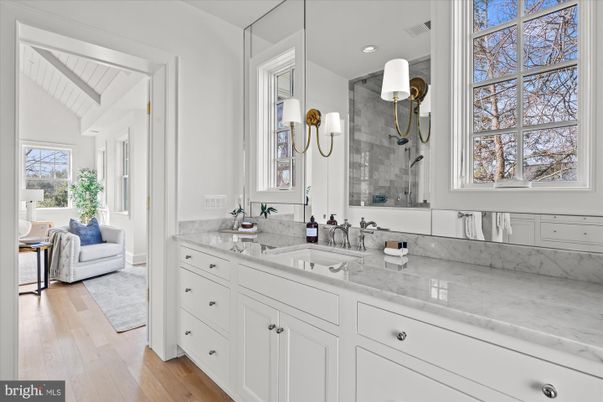 Bathroom, Dual Sink Vanities, Interior, Recessed Lighting, Wood Texture Flooring