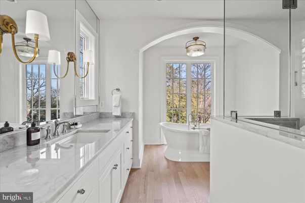 Bathroom, Dual Sink Vanities, Free Standing Baths, Interior, Wood Texture Flooring