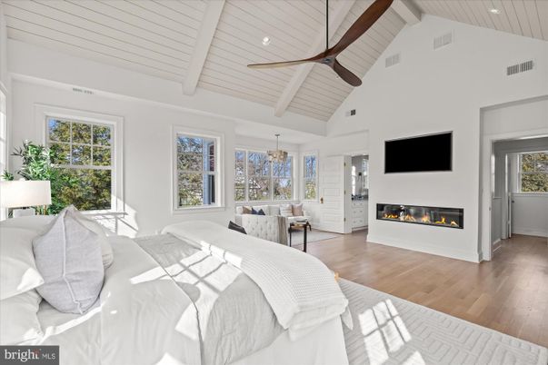 Bedroom, Fireplace, Interior, Living room, Pendant Lights, Recessed Lighting, Wood Texture Flooring