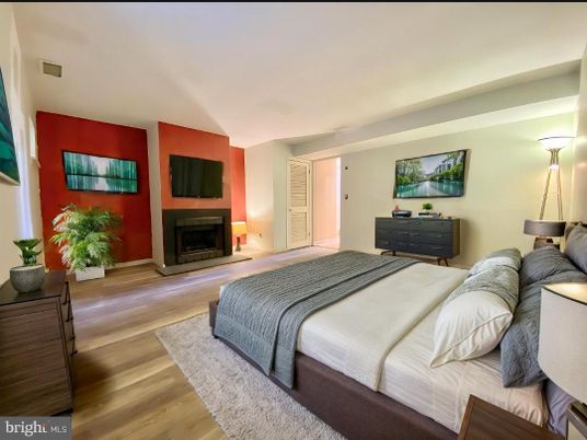 Bedroom, Fireplace, Interior, Wood Texture Flooring