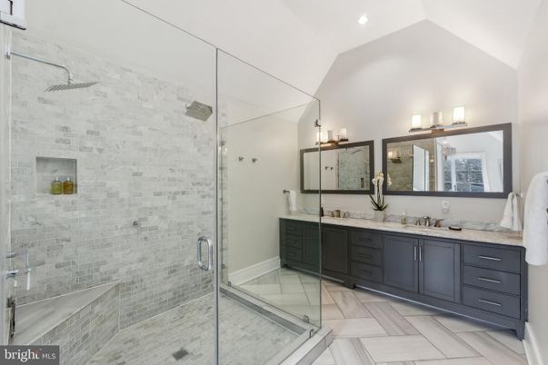 Bathroom, Dual Sink Vanities, Glass Shower, Interior, Recessed Lighting, Stone Walls
