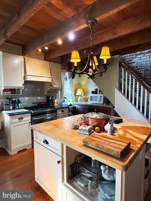 Chandelier, Interior, Kitchen, Recessed Lighting, Stainless Steel Appliances, Wooden Beams, Wooden Ceilings, Wood Texture Flooring